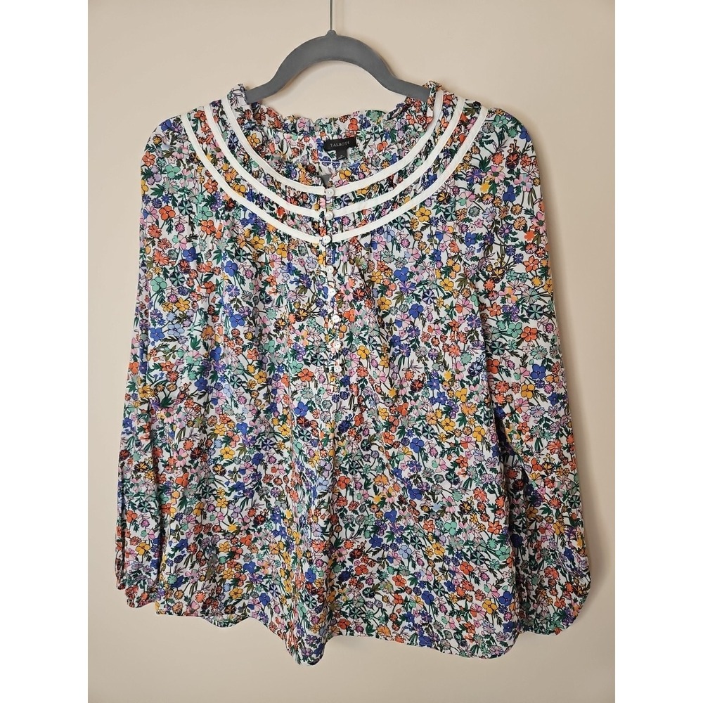 Talbots Blouse M Pink Purple Floral  Popover Ribbon Trim Button Prairie Cottage